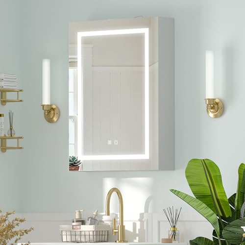 Mepplzian 50x70 Bathroom Cabinets with Lights,3-Color Led Bathroom Mirror Cabinet with Shaver Socket,Demist Bathroom Cabinets with Mirror,Memory Illuminated Mirrored Bathroom Cabinets Wall Mounted