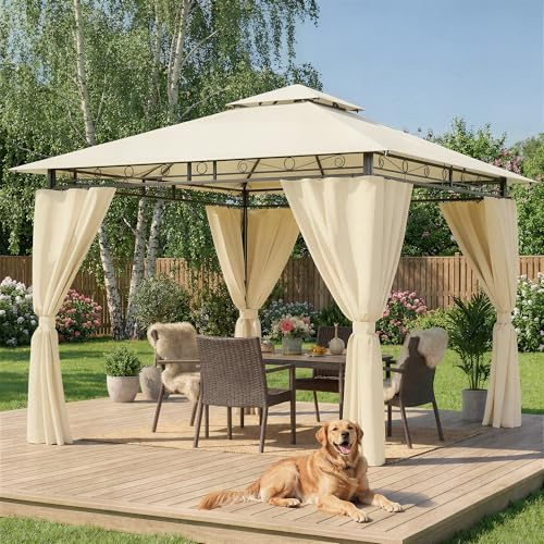 Hawthyhome Pavillon 3x3 Wasserdicht Stabil, Gartenpavillon Doppeldach, Partyzelt mit Seitenwänden, UV-Schutz 50+, Metallrahmen Pavillon für Garten Terrasse Party, Beige
