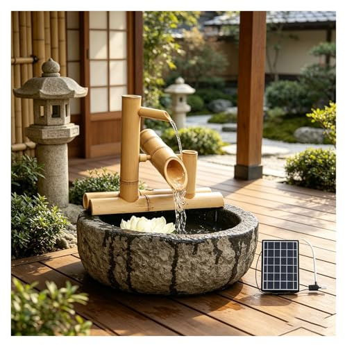 Fontaine d'intérieur et d'extérieur en Bambou, Fontaine à Eau à Bascule | Japonaise traditionnelle en bambou, décoration de jardin zen avec pompe à eau, panneau solaire 6 W(35cm)