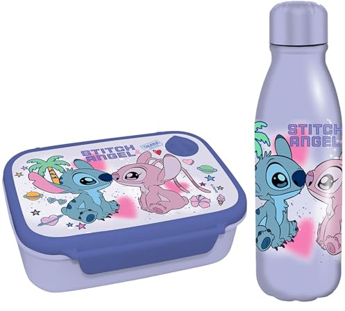 Diakakis Disney Stitch & Angel Lunchbox- & Aluminium-Trinkflaschen-Set für Kinder | BPA-freies Schulset für Jungen & Mädchen | Brotdose mit 800 ml & Aluminium-Trinkflasche mit 500 ml