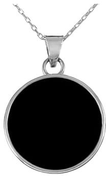Sterling Silber Schwarzen Onyx Edelstein Handgefertigte Flache Runde Anhänger Halskette 40+5cm Kette – mit Elegante Geschenkbox