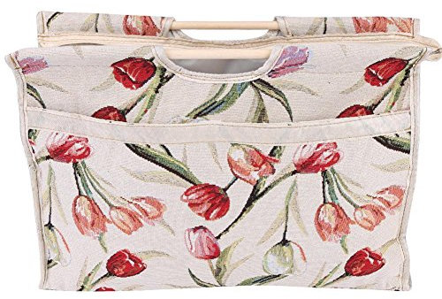 Vikye Knitting Bag, Woven Fabric Storage Bag with Wooden Handle for Sewing Tools for Knitting Needles (Red Flower)