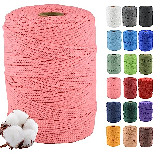 3mmx500m Cuerda de Algodón Natural para Macramé - Cuerda de Algodón para Macramé, 4 Hebras Torcidas de Algodón 100% Natural para Colgantes de Pared Hechos a Mano, Bricolaje, Manualidades,rosa oscuro