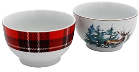2 St. Porzellan Schalen 13,5cm Weihnachtsgeschirr Karo Hirsch Weihnachten Tischdeko Müslischale Snackschale Schüssel