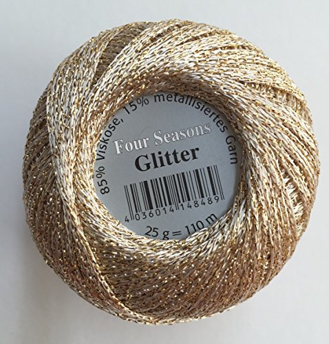 Häkelgarn, Garn Glitter uni + print, 25 g Knäuel, 110 Lauflänge 85% Viskose 15% metalliesiertes Garn (8209 champagne-uni)