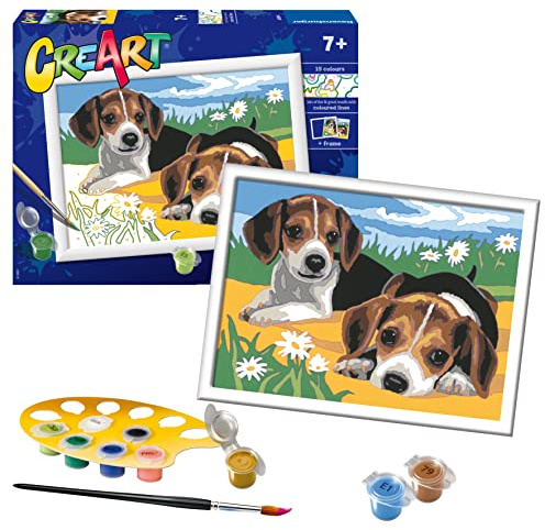 Ravensburger CreArt: Jack Russell Puppies — Malen mit Zahlen für Kinder ab 7 Jahren, Malset mit Brettern, Rahmen, Pinsel und Farben im Lieferumfang enthalten, 25 x 18,30 cm, Geschenkideen