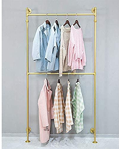 Ethemiable Clothing Store Industrial 2-Tier Display Stands, Entrance Porch Organization Hanging Garment Rack,Wall Mounted Storage Clothes Pipe Shelf, Home Towel Rack (Gold)
