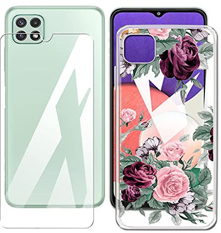 CXKJ Coque pour Samsung Galaxy A22 5G (6.6 Pouce) + Verre trempé Protection écran, Ultra Fin Silicone TPU Bumper Transparent Housse Etui de Protection Cover Case,9H Dureté Glass Film - CX21