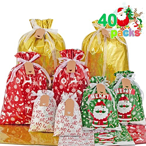 Asoulin Weihnachts-Geschenktüten mit Kordelzug und Etiketten – 40 Stück Weihnachts-Geschenktüten in verschiedenen Größen, groß, mittel, klein, Folien-Geschenkbeutel für Geburtstag, Leckereien,