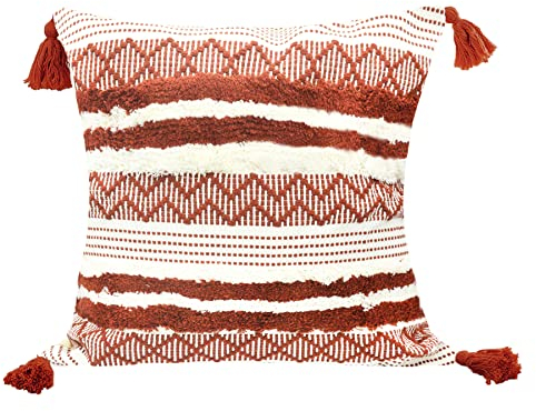 LIGICKY Boho Kissenbezug Büschelige Dekorative Kissenbezüge Getuftet Weich Kissenhülle mit Quaste Baumwolle Kissen Boho für Sofa Couch Schlafzimmer Wohnzimmer Büro Auto, 45 x 45 cm, Rot und Weiß
