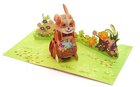 ASVP Shop Osterhase 3D Pop Up Karte, Happy Easter 3D Pop Up, Ostereier Häschen Blumenkorb Grußkarte, handgefertigte Karte für Ostern