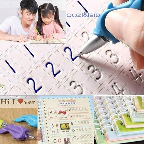 QOZWEID Magische Kalligraphie, Heimschulbedarf, Vorschularbeitsbuch, Zahlen & Englisch & Zeichnen & Mathematik Auto Fade Stift & 4 Bücher – 10 Riffile 1 Griff 1 Stift