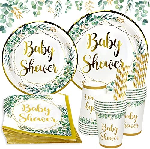 Sage Green Neutral Baby Shower Decorations Plates Set for 25 Guests,125pcs Paper Plates Cups Napkins Straws Tableware for Baby Shower Party Table Decorations