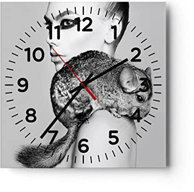 Modern Wanduhr Chinchilla Frau Porträt 30x30cm Quadrat Klein Wand Uhr Glas Analog Zimmeruhren Küche Büro Wohnzimmer Glasuhr Wall Clock Dekoration Design Wanddekoration Küchenuhr C4AC30x30-4278