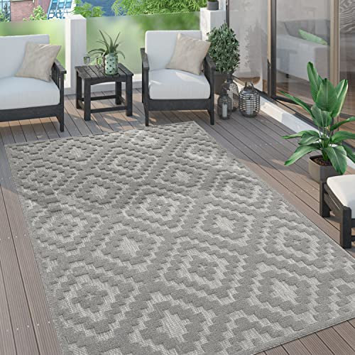 Paco Home Outdoor Teppich Wetterfest Balkon Boho Wohnzimmer Küche Skandinavisch Muster Einfarbig 3D Effekt Modern, Grösse:240x340 cm, Farbe:Grau 2