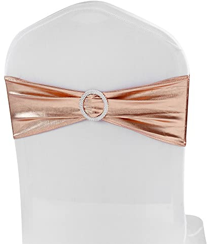 MAGTOWNE 100 Pack Spandex Rose Gold Chair Sashes, Spandex Chair Bands Bows with Buckles Elastic Slider for Wedding Party Birthday Decorations Reception Events Banquet Decor - Rose Gold