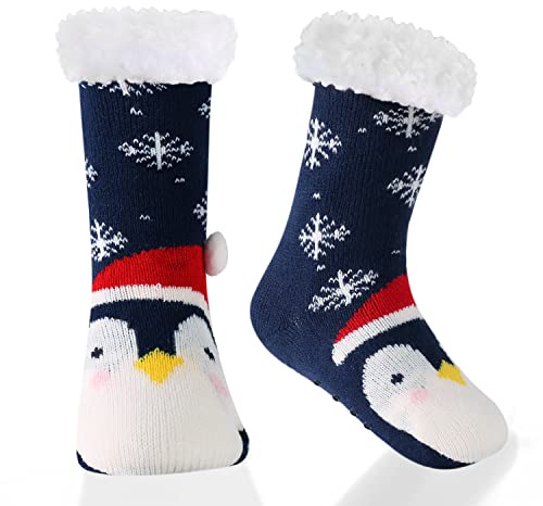 HERYEBING Kids Slipper Socks Boy Girl Chunky Knit Non Slip Socks Soft Fuzzy Warm Thick Fleece lined Christmas Stockings Child Toddler Winter Socks Penguin Dark Blue (L)