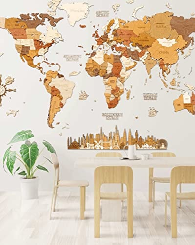 68travel Hölzerne Weltkarte Wanddekoration - mehrschichtig, gebeiztes Holz, eingravierte Namen - einzigartiger 3D-Effekt - für Wohnzimmer, Bür, Schlafzimmer, Kinder L150 (150x100 cm)
