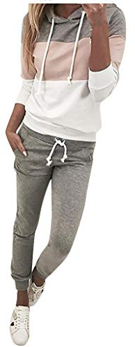 DUHGBNE Completo Maglia Pantalone Lana Salopette Corta da Donna con Cappuccio Patchwork con Tasche a Manica Lunga Completo Invernale Lana