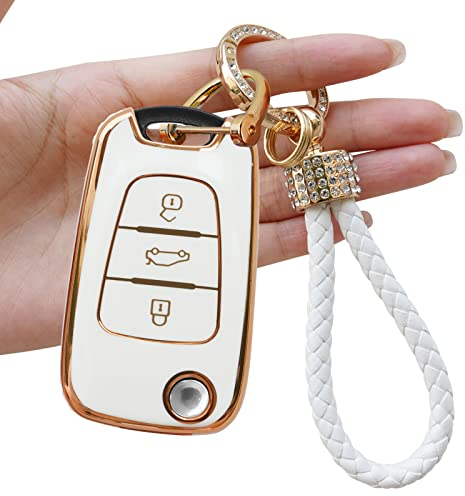 Yumzeco Silicone TPU Autoschlüssel Hülle Cover, 3 Tasten Autoschlüssel Cover Kompatibel mit Hyundai I30 ix35 Verna Elantra Carens Sportage, Auto Keyless Smartkey Schutzhülle mit Schlüsselbund(Weiß)