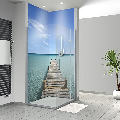 WANDFREUDE individuelle Duschrückwand Aluverbundplatte auf Maß (2 Stück - Steg ins Meer - Seidenmatt) – Dusche Wandverkleidung Duschwandverkleidung Duschrückwände
