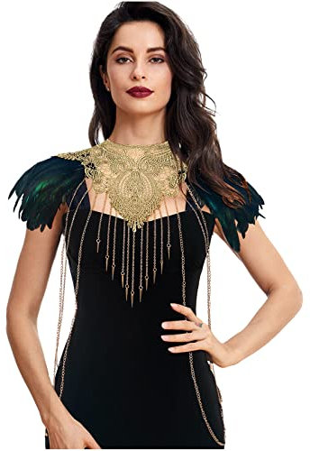 keland Damen Rave Outfit Spitzenkragen Feder Epauletten Schulterklappen Umhang Oberteil mit Ketten Bh Bodychain für Halloween Cosplay (Gold-001)