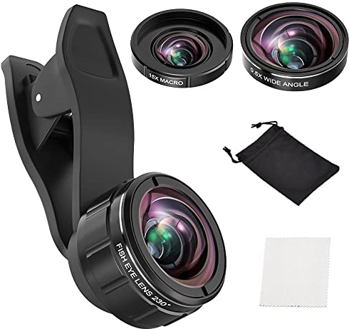 3 in 1 Lens Kit for iPhone and Android, 15X Macro Lens + 0.5X Wide Angle Lens + 230° Fisheye Lens, Phone Camera Lens, Color Black