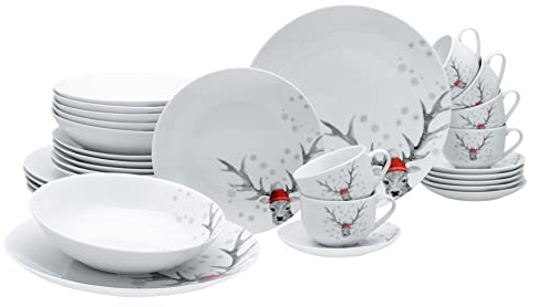 CreaTable, 13918, Serie Luna Hirsch, 30-teiliges Geschirrset, Kombiservice aus Porzellan, spülmaschinen- und mikrowellengeeignet, Qualitätsproduktion