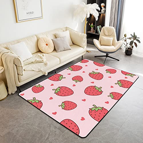Loussiesd Erdbeere Kinder Wohnzimmer Teppiche Nette Obst Dekor Teppich Raum Dekor Saftige Erdbeere Akzent Teppich Kawaii Herz Innenbodenmatte Ultra Soft Teppich 100x150cm