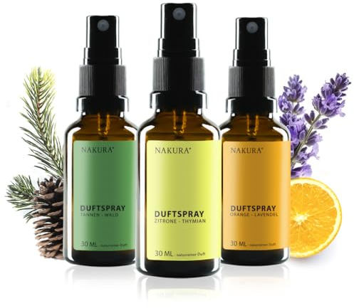 NAKURA® Duftpray, Raumspray, Lufterfrischer Set ZITRONE, ORANGE, WALD Bio 3 x 30 ml - Natürliches Raumduft Spray aus reinen ätherische Öle - Lufterfrischer Wohnung ohne Chemie