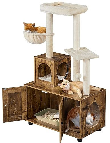 Yaheetech Katzenbaum mit Katzenklo Schrank, 134,5 cm hoch, All-in-One Kratzbaum mit Höhle Plattform Liegemulde, Katzenschrank für Katzentoilette, Vintagebraun-Beige