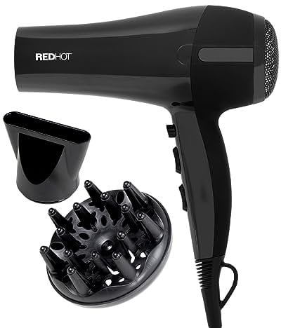 Red Hot 37019 2200W Professional Hair Dryer with Diffuser & Concentrator Nozzles for Dual Styling / 3 Heat Settings, 2 Speed Settings & Cool Air Mode/Black