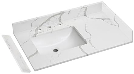 EQLOO 91,4 cm B x 55,9 cm T Quarz Calacatta Fluss Waschtischplatte, mit Unterbau links versetztes Waschbecken, Waschtischplatte, mit zwei Seitenleisten und einem Rückspritzer, 20,3 cm
