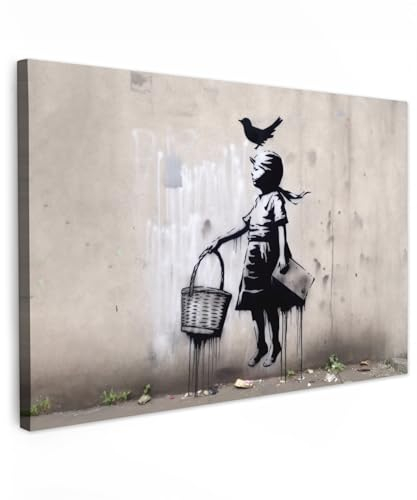 MuchoWow© Bild auf Leinwand 60x40 cm Schlafzimmer Bilder Wand Deko Wohnzimmer Modern Wanddeko Bilderwand Geschenk Graffiti - Mädchen - Schwarz und Weiß - Vogel - Wand - Straße - Korb