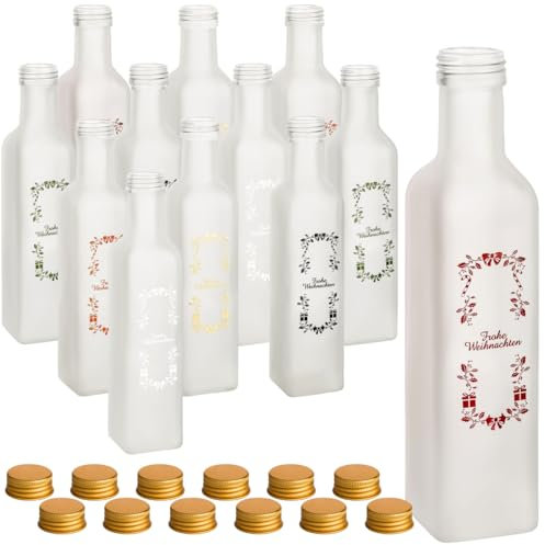 gouveo 12er Set Glasflasche 250 ml Maraska gefrostet mit Frohe Weihnachten in sechs Farben mit Gold-Deckel - Leere Flaschen mit Schraubverschluss für Weihnachten zum Befüllen und Verschenken