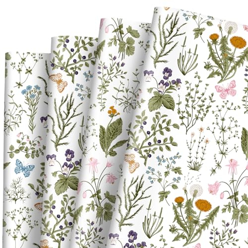 JarThenaAMCS Carta da regalo vintage con fiori di campo – non rotolo – Carta regalo retrò floreale piegata piatta colorata fiore fai da te carta artistica per matrimoni, compleanni, baby shower,