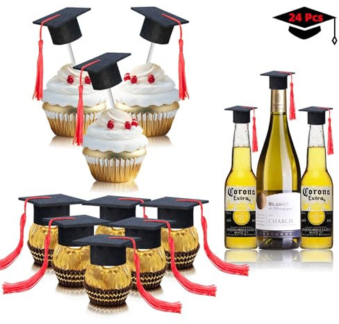 24 Pcs Mini Graduation Caps Decorations, Class of 2024 Small Black Grad Hats with Red Tassels Cupcake Toppers Bottle Decor for High School College kindergarten Congrats Party Tiny Supplies Favors