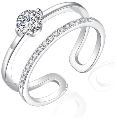 Josfeva Silber Damen Ringe, 925 Sterling Silber Doppelte Zirkonia Ringe, Einstellbar Minimalistischer Knuckle Ringe, Einfach Daumenring Trendy Stapelringe, Weißgold Infinity Wickelring Fingerringe
