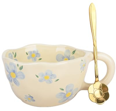 XinHuiGY Cute Coffee Mug,Ceramic Tea Mug,Kawaii Coffee Cup,Handmade Mug,Creative Flower Blue Mugs with Spoon,Aesthetic Mugs for Milk Cappuccino Cocoa,250ml Cheery Mugs Gift for Women Christmas