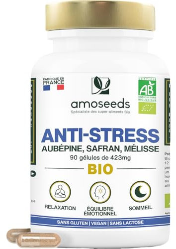 Anti-stress BIO | Aubépine, Safran, Mélisse | Équilibre Émotionnel, Relaxation, Réduit la Tension Nerveuse | 90 gélules de 423mg | Fabriqué en France | Qualité Supérieure
