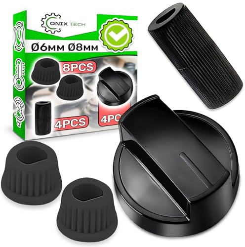 Ensemble de 4 Boutons Rotatifs pour Plaque de Cuisson à Gaz avec Adaptateurs pour Axe Encastré de Ø 6 mm et Ø 8 mm Couleur Noire - Garantie de 5 Ans - ONIX TECH
