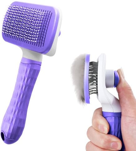 Self Cleaning Slicker Dog Brush, Cat Grooming Brush, Dog Brush for Shedding, Deshedding Brush with Cleaning Button for Short/Long Hair Pet, Massage Cat Brush Removes Loose Fur, Purple