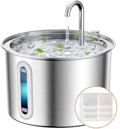oneisall Fuente para Gatos de Acero Inoxidable, 2 litros, Fuente para Gatos, Muy silenciosa, con Ventana de Nivel de Agua, Fuente de Agua para Gatos, 3 filtros de carbón Activo, luz LED, Apta para