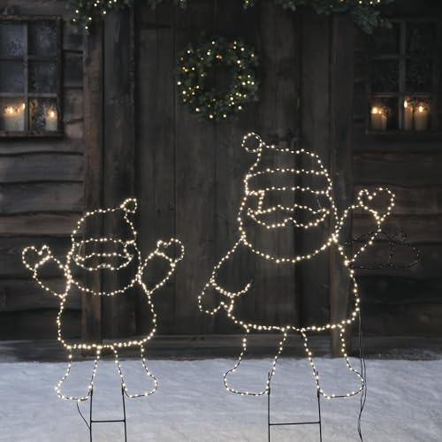 Lights4fun Christmas Outdoor Set of 2 Santa Claus Figures Warm White LED Stake Path Light Garden Decorations Plug In with Timer