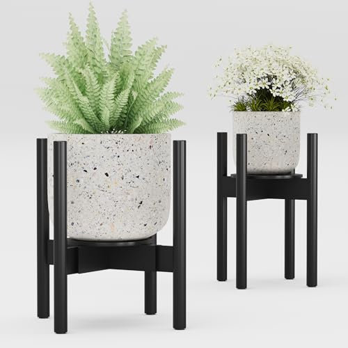 Semiocthome Adjustable Bamboo Plant Stand Indoor with Removable Tray, Wooden Flower Stand, Pot Holders Fits 20cm to 30cm Pots, Indoor Plant Stands for Living Room, Bedroom, Kitchen, 1 Pack - Black