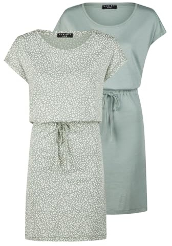 DENIMFY Sommerkleid Damen 2er Set Pack DFBella Kurzarm Rundhals Kleid Strandkleid Midikleid Sommer Muster Einfarbig, Größe:L, Farbe:Green - Green-Offwhite