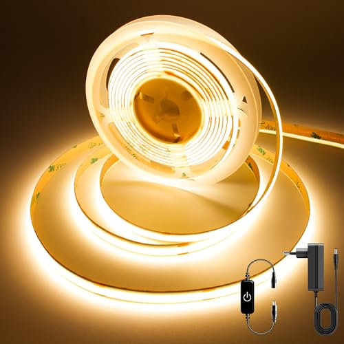 FUIQI Striscia LED COB 3 Metri,Bianco caldo 2700K,24V LED COB con Controllo Dimmerazione Tocco,CRI90+,8mm Larghezza,con Alimentatore - Ideale per Cucina,Camera da Letto e Sfondo Televisivo