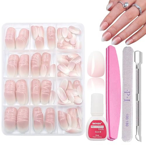 False Nail Tips Kit, 240Pcs Natural Gradient Pink Fake Nails with Glue, Acrylic Almond Press on Nail Pink Tips Short, 12 Sizes Glossy Full Cover Stick on Nails for Women Girls Nail Art