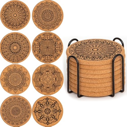 YUNYU Juego de 8 posavasos de corcho y madera con soporte, resistentes al calor, antideslizantes, absorbentes, para mesas de café, posavasos de madera marrón natural, accesorios de decoración del
