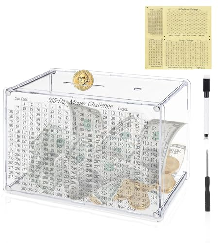 Vergrößerte Smash-Box für Geld, 10.000 transparente Acryl-Sparschwein, unzerbrechlich, Sparschwein für Erwachsene, muss zum Öffnen brechen, 365/180 Tage Geld sparen Herausforderung für Bargeld